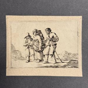 Gravure XVIIe représentant une famille de mendiants