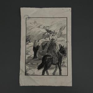 Charcoal Drawing, Fine Arts Competition Entry, Oriental Subject, By Berger-lheureux, Known As Biloul