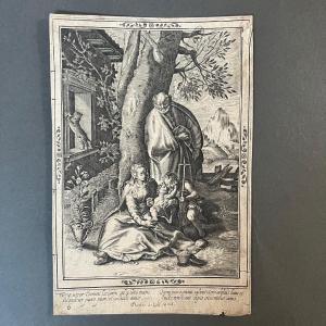 Gravure XVIIe représentant la Sainte Famille par Thomas de Leu fin XVIe