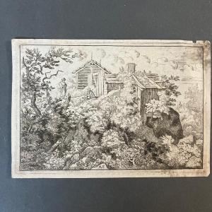Gravure les 3 huttes au sommet milieu XVIIe par Allaert van Everdingen 