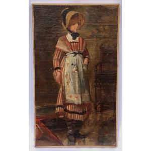 Huile sur toile portrait de jeune fille sur pied costume d'époque