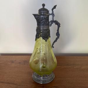 Carafe en cristal et étain fin XIXe fond vert