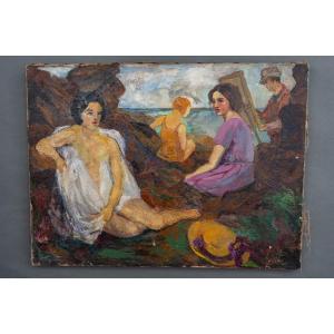 Huile sur toile scène de plage peintre chevalet