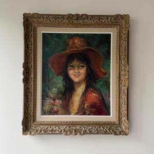 Oil On Canvas By Renée Plard La Jeune Femme Au Chapeau Rouge 20th 1974