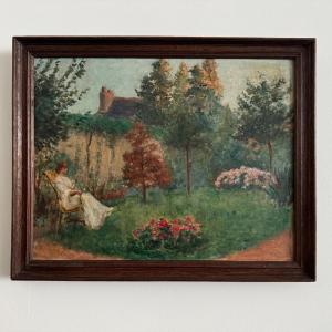 Huile sur toile scène de parc avec une femme assise dans un fauteuil 