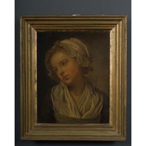 Oil On Canvas Portrait Of A Young Girl With Headdress 19th Century Gold Frame
