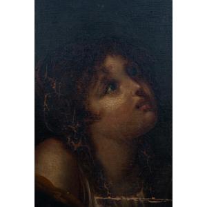 Portrait jeune enfant en béatitude XVIIIe sur panneau de bois 