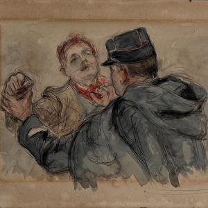 Drawing Of Two Gendarmes In Action Arrest Early 20th Century