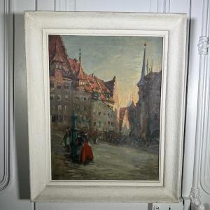 Oil On Canvas Depicting Women At A Fountain By Louis Dumoulin