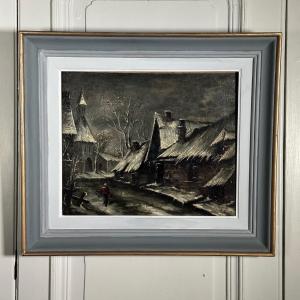 Oil On Canvas Village Street At Night In The Snow 20th Century