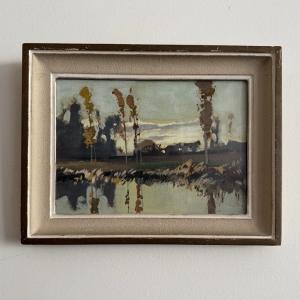 Aquarelle sur papier par Lucien Péri plan d'eau et arbres élancés 