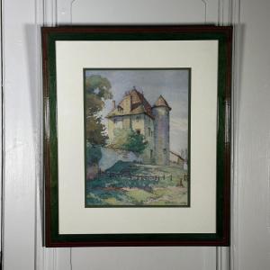 Aquarelle sur papier représentant une propriété par G. Tribel 1943