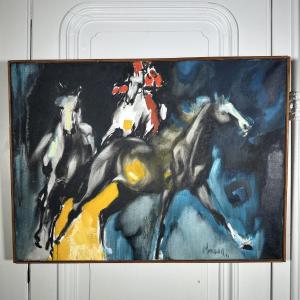 Huile sur toile par Henri Yvergniaux représentant des chevaux 1973 