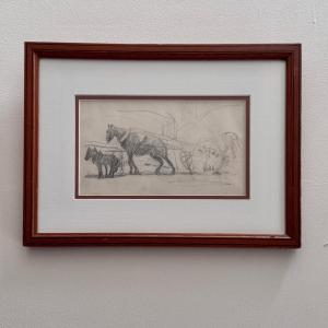 Dessin esquisse représentant un attelage avec des chevaux de trait XXe
