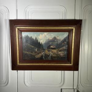 Huile sur toile paysage de montagne fin XIXe cadre en bois naturel