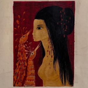Acrylic On Paper Nude Girl With Peacock Heads By Tran Long 20th Century