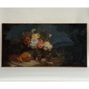 Huile sur toile par Devaux nature morte au lièvre et aux fleurs 1873