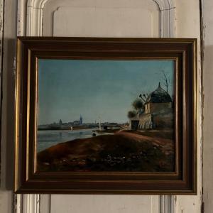 Huile sur toile bord de rivière fin XIXe monogramme AT 