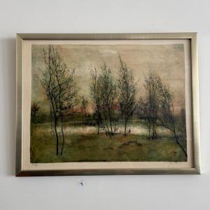 Framed Lithograph Signed By Bernard Gantner, Ea 13/25, Landscape Of A Pond