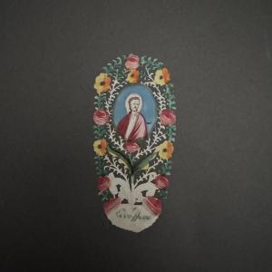 Canivet peint à la main gouache XVIIIe décor de saint dentelle de papier
