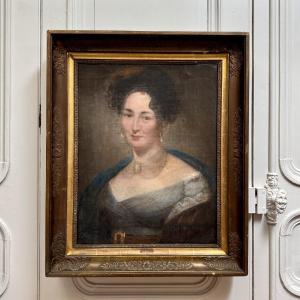 Oil On Canvas Portrait Of A Woman From The Empire Period, Early 19th Century, In A Palmette Frame 