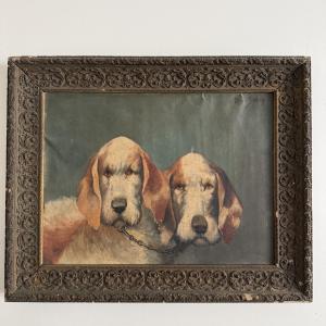 Huile sur toile portrait de 2 chiens beagles par Edmond Boiteux XXe