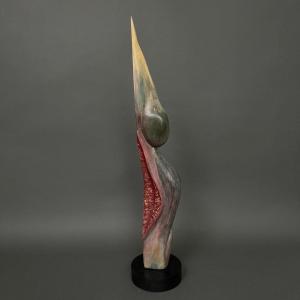 Wooden Sculpture By Calin Hentea: "woman With A Bird" (20th)