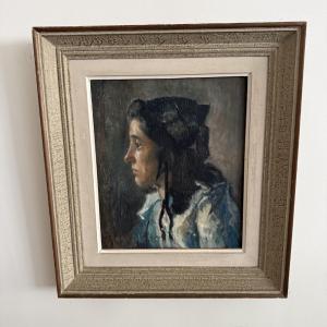 Huile sur panneau portrait de jeune fille à la coiffe début XXe