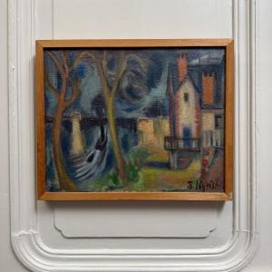 Huile sur toile composition moderne Ile de Chatou par J.-J. Sigrist