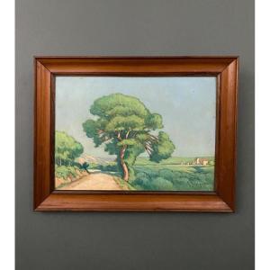 Huile sur panneau paysage par G. Deschamps