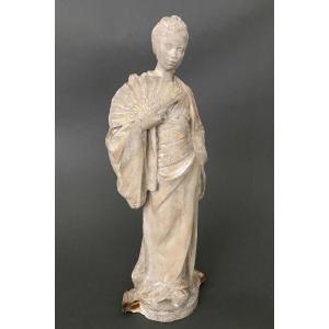 Studio Plaster Statue By Charles Filleul: Woman With A Fan, 20th Century 