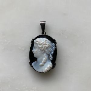 Rare Cameo Depicting A Woman In An Ancient Style Against A Black Background