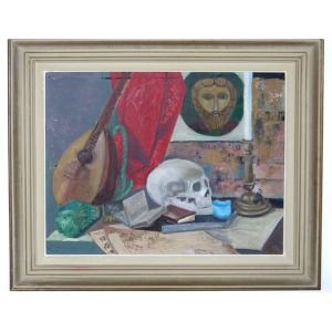 Huile sur carton nature morte à la mandoline avec crâne 