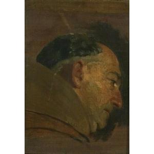 Huile sur panneau représentant un moine de profil cadre en bois naturel