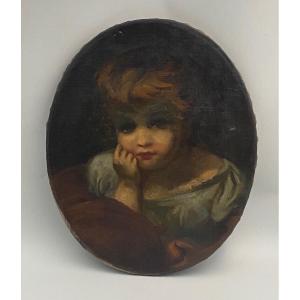 Huile sur toile portrait d'enfant XVIIIe ovale