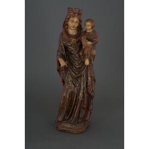 Vierge à l'Enfant en bois sculpté polychrome fin XVIIIe grande taille