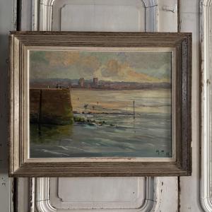 Huile sur Isorel bord de plage avec pêcheurs à pied 1958 par R.P.