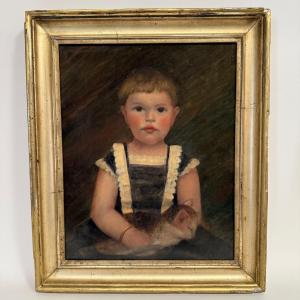 19th-century Oil On Canvas Depicting A Young Child Holding His Cat, In A Gilded Frame