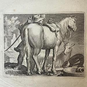 Engraving By Boëtius Adams Bolswert: A Man And Two Horses, 17th Century