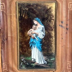 Plaque émail de Limoges Vierge à l'Enfant F. Normand d'après W.Bouguereau