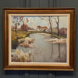 Huile sur toile par A. Raynaud paysage poitevin XXe