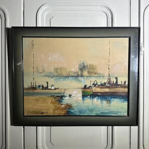 Aquarelle sur papier deux bateaux à vapeur par Diaz XXe