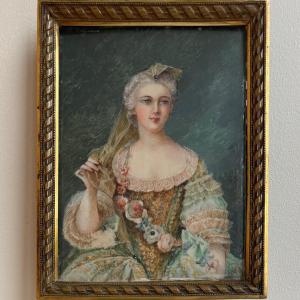 19th-century Miniature Depicting An 18th-century Woman, With A Bronze Frame