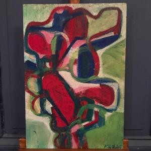 Huile sur panneau composition moderne par François de Chabot 1960-70