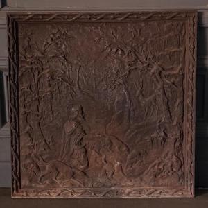 Cast-iron Mantelpiece From The Late 18th To Early 19th Century, Featuring The Legend Of St. Hubert