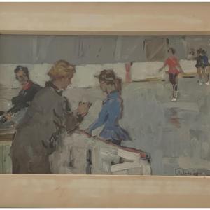 Oil On Hardboard, 1960, Depicting Ice Skaters And Judges