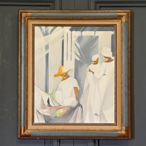 Huile sur toile représentant des Espagnols par A. Deroy 1984