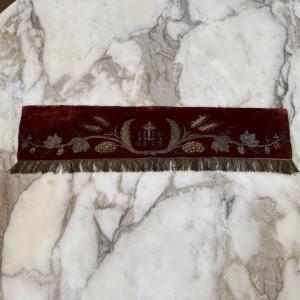 Antique Religious Valance Made Of Red Velvet With Silver Thread Embroidery 