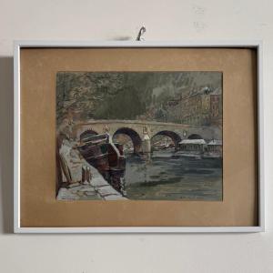 Watercolor On Paper By Paul Joffray, *le Pont Marie*, Paris, 1926