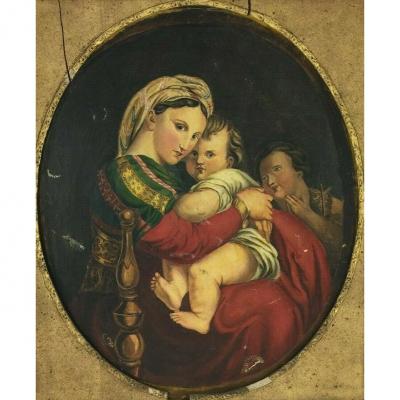 Huile sur toile Vierge à l'Enfant XIXe Reprise de Raphaël